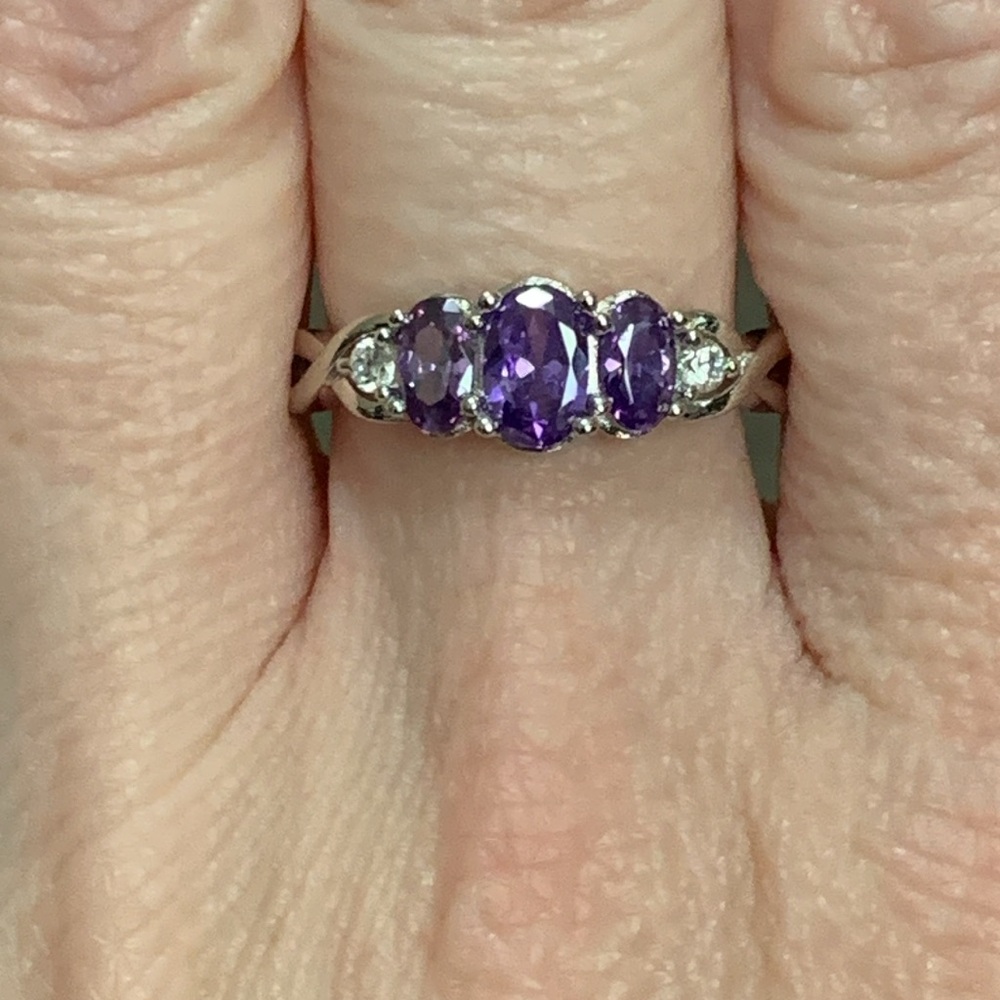 Sterling Silver Triple Oval Amethyst CZ Ring - Picture 6 of 6